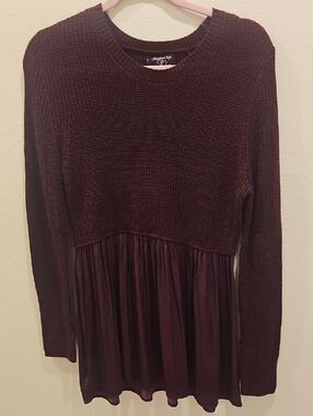 Hooked Up by IOT Long Sleeve Burgundy Knit & Pleated Hem Dress